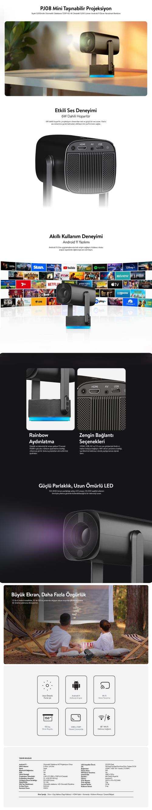 Everest PJ08 Siyah 5200mAh Oto Odaklamalı 120P HD 4K Destekli Android 9.0 Ekran Yansıtmalı 5200 Lüm taşınabil Projeksiyo